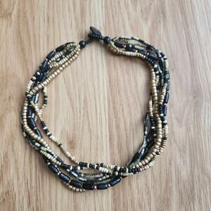 Boho 6 Strand Black Gold Wood Bead Necklace 19in Statement Layered Tribal